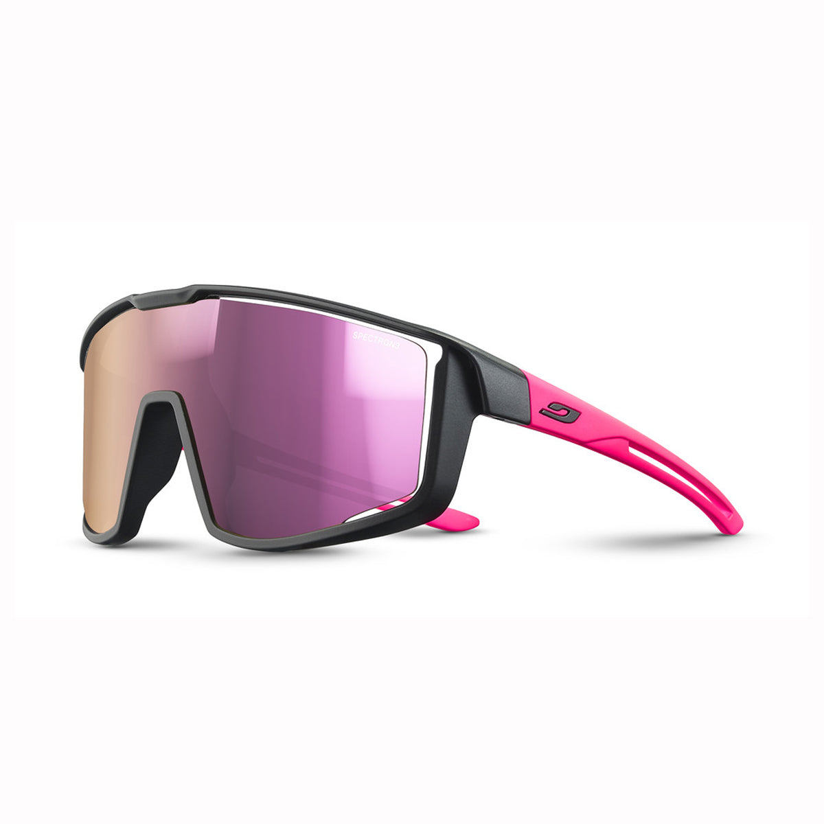Sport sunglasses for kids with a black and bright pink frame and a large shield-style pink mirrored lens, shown on a clean white background.