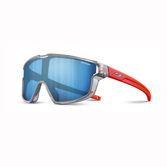 Sunglasses with blue lenses and red arms on a white background