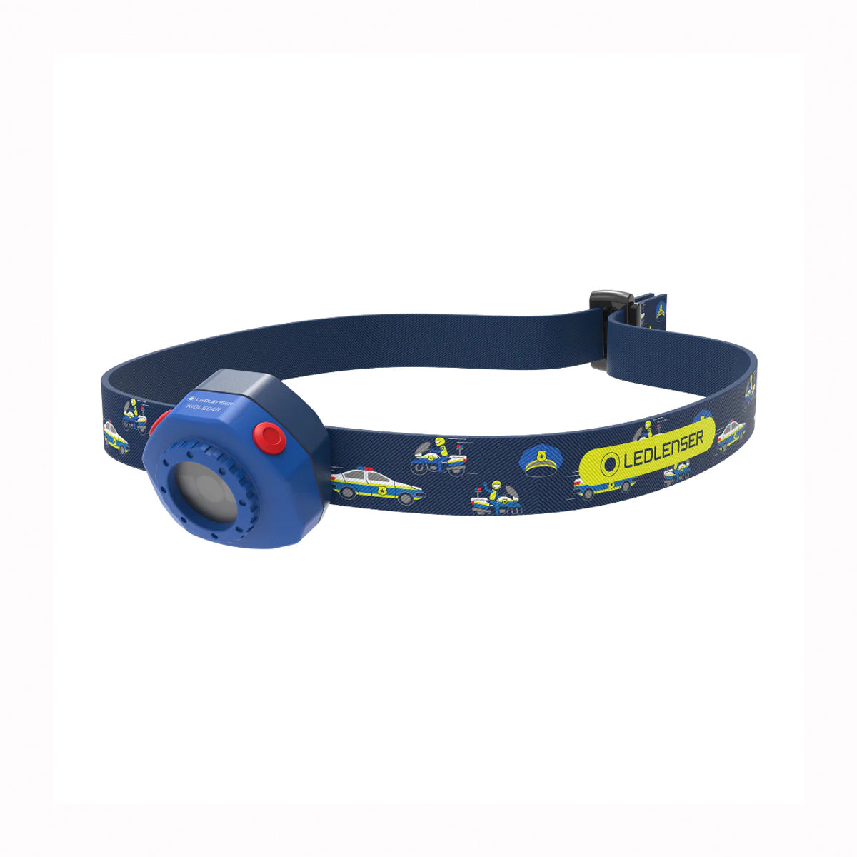 A LED headlamp with a navy blue adjustable strap printed with colorful space-themed illustrations, featuring a blue lamp housing with a red power button.