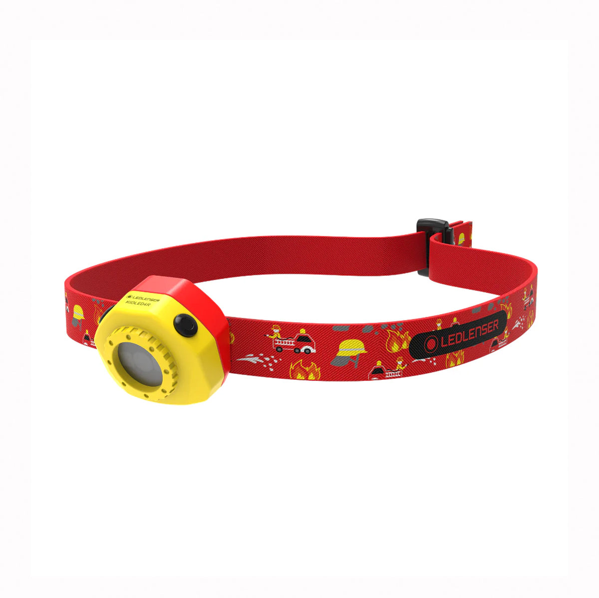 A red LED headlamp with a yellow faceplate and a red adjustable strap decorated with firefighter-themed illustrations, shown on a plain white background.