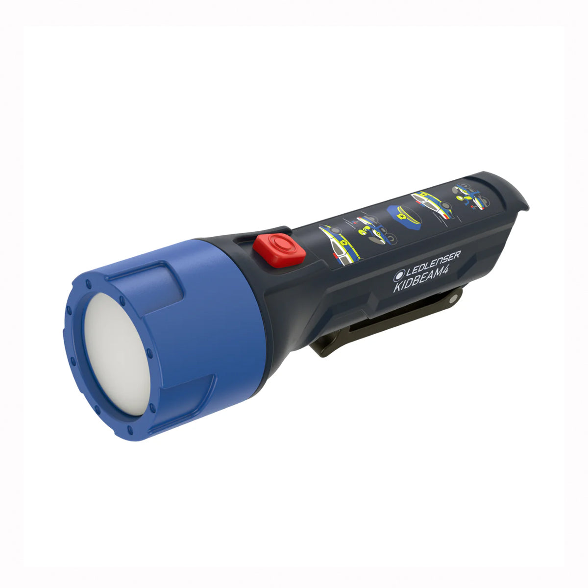 A kid's flashlight with a blue and black body, a red power button, and a clip, shown on a white background.