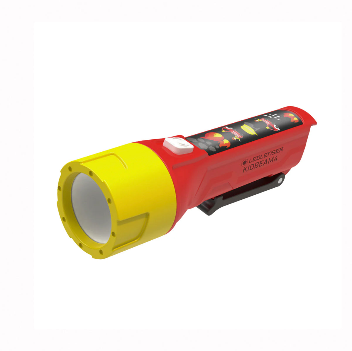 A red and yellow LED kid's flashlight with a black side panel showing colorful fish graphics, photographed on a solid white background.