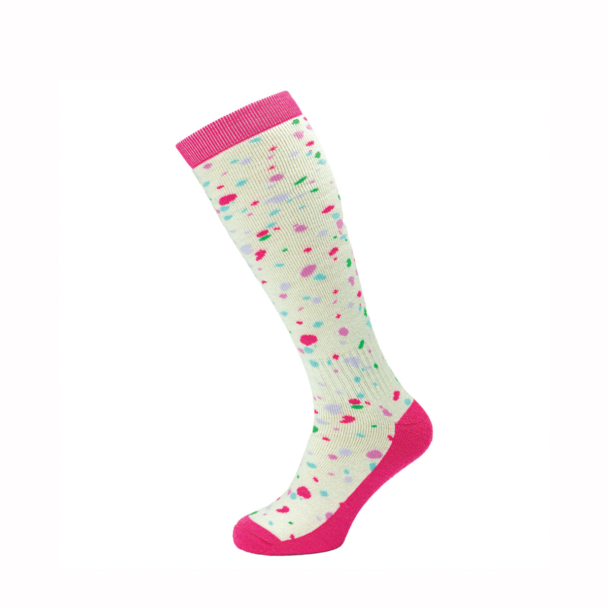 A single knee-high ribbed ski sock with a cream base, multicolor confetti pattern, and bright pink toe, heel, and cuff, shown on a plain white background.