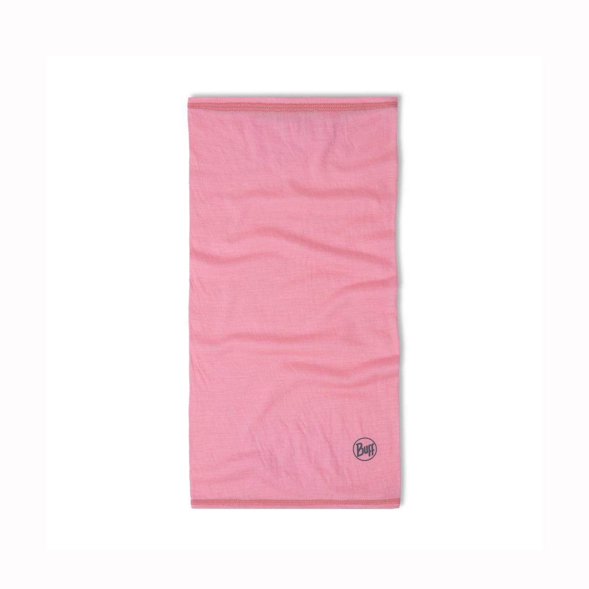 Pink merino wool kids neck gaiter with a brand logo on a white background