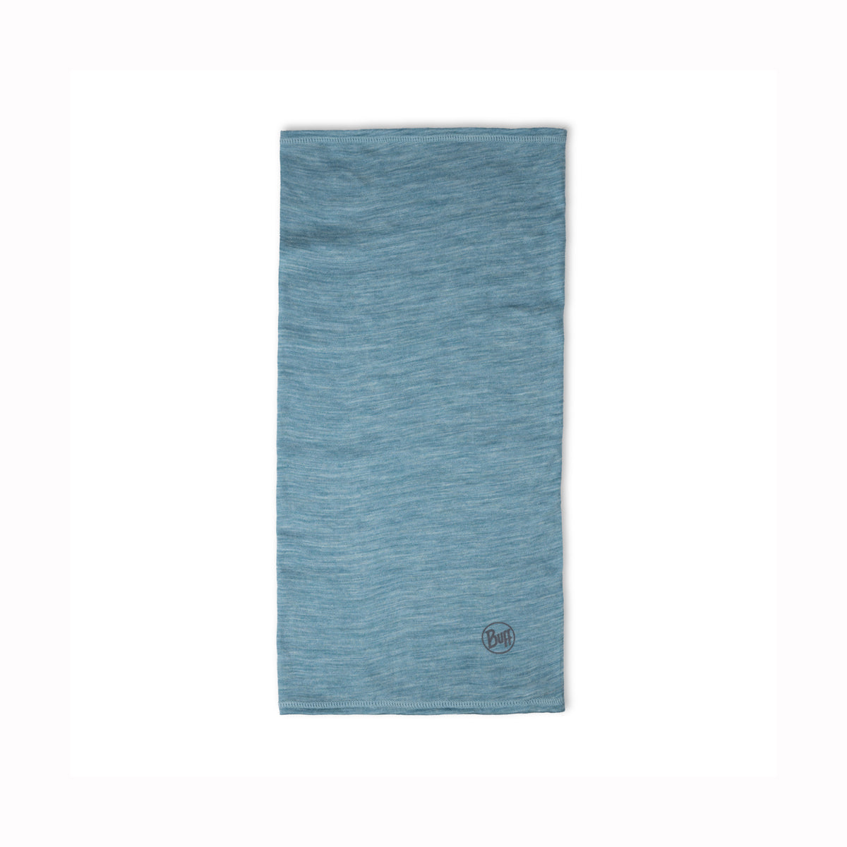 Blue merino wool kids neck gaiter with a brand logo on a white background