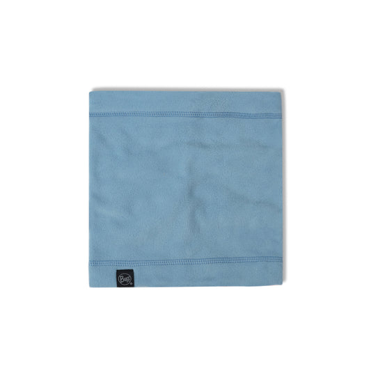 A light blue folded microfiber towel with a small black brand tag on the bottom left corner, displayed on a clean white background.