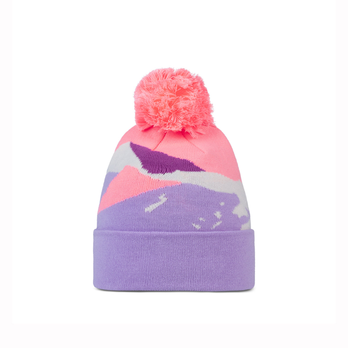 Colorful beanie with a pink pom-pom on a white background