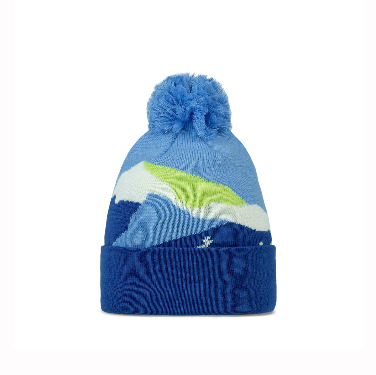 Blue knit beanie with mountain design and blue pom-pom on a white background