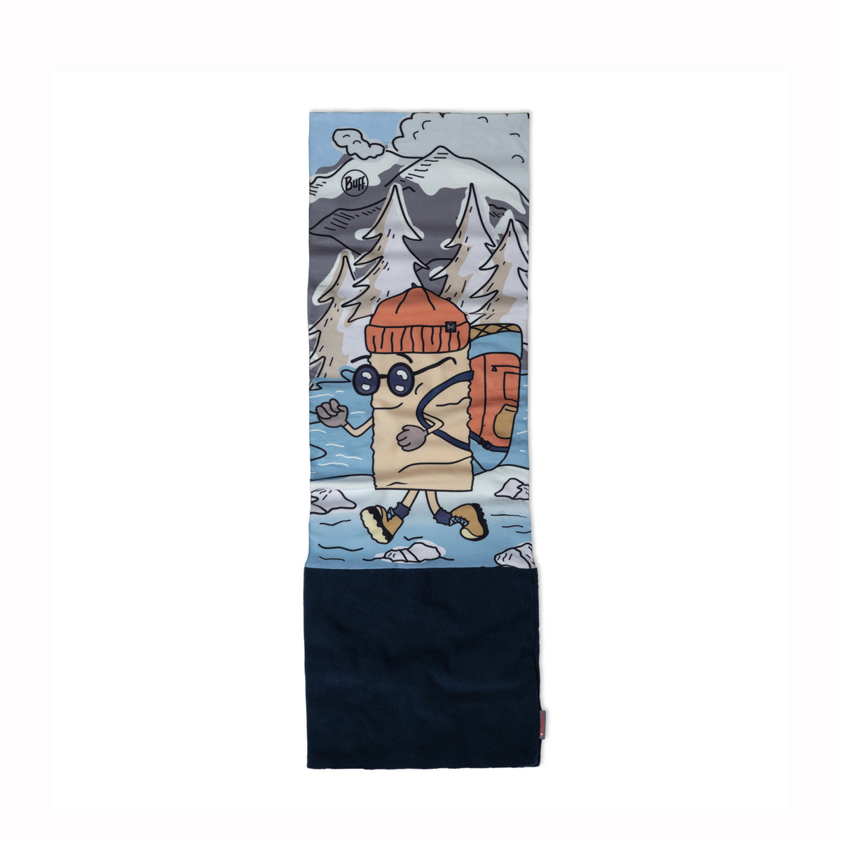 Neck scarf with a cartoon character design featuring mountains and a backpack on a white background.