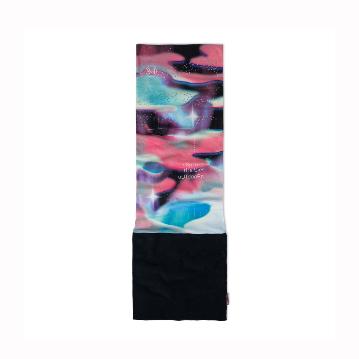 A long athletic neck gaiter with an abstract fluid art print in pink, blue, purple, and black, featuring a solid black lower section.