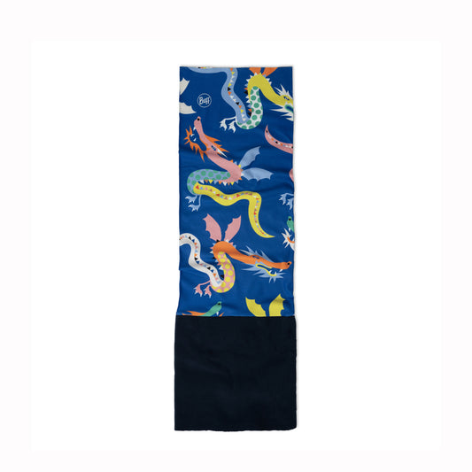 A long rectangular scarf or neck gaiter with a blue background and a colorful dragon print, featuring a solid dark navy black bottom section, shown flat against a white background.