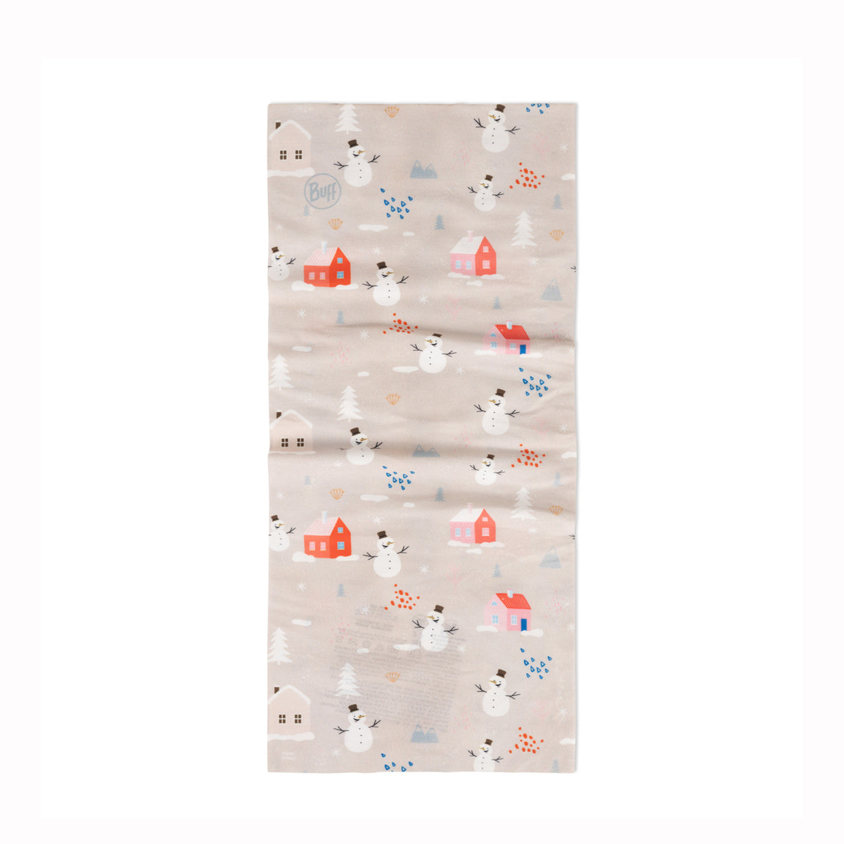 A neck gaiter or bandana, featuring a light beige background with a whimsical winter print of snowmen, small houses, and trees in red, blue, and white.