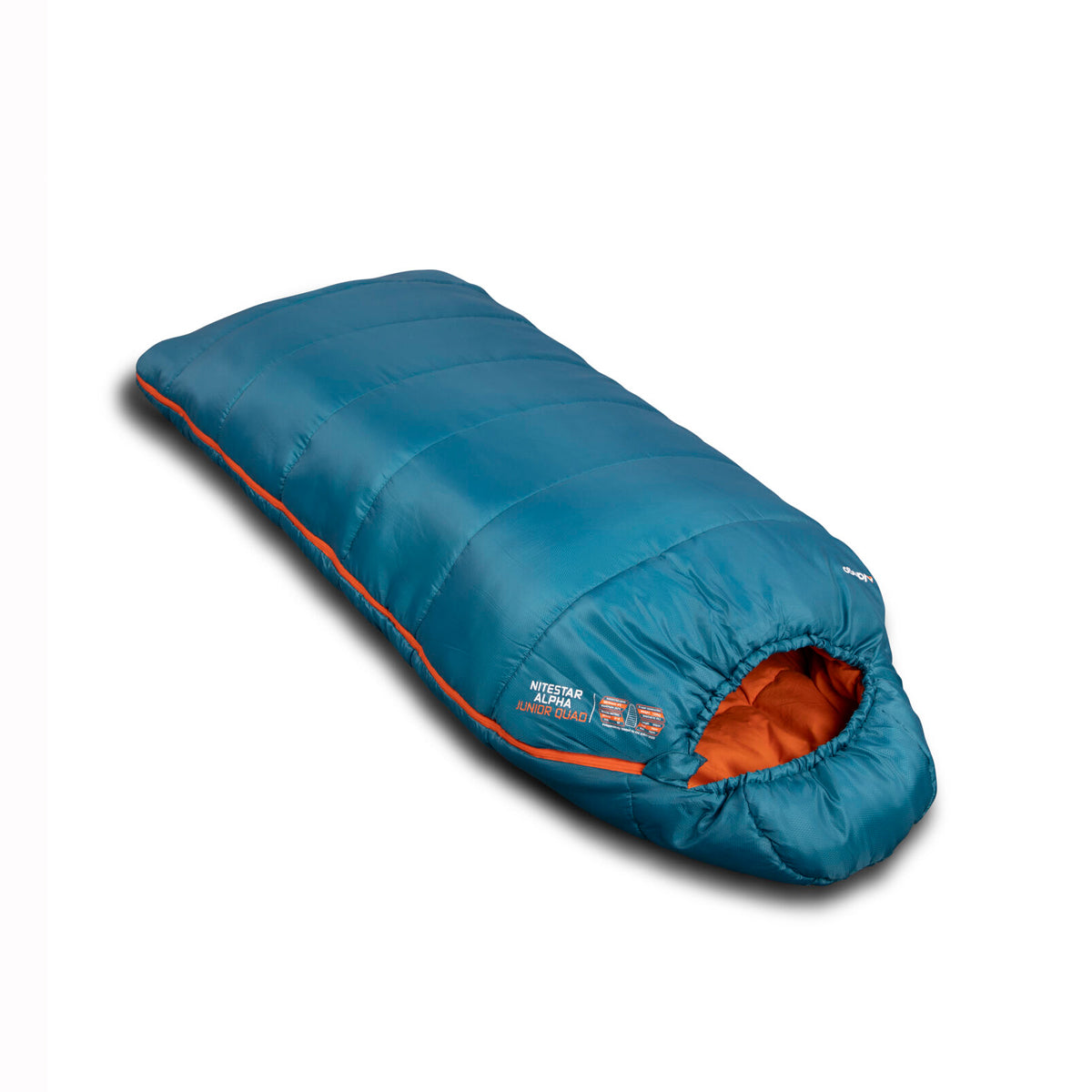 Blue kids sleeping bag with orange interior on a white background