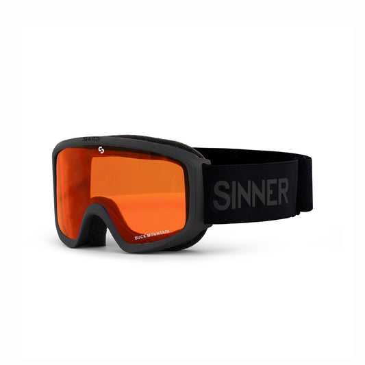 Black kids goggles with orange lenses on a white background, featuring the brand 'Sinner'.