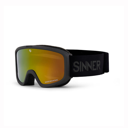 Black kids ski goggles with orange lens on a white background, featuring the brand 'Sinner'.