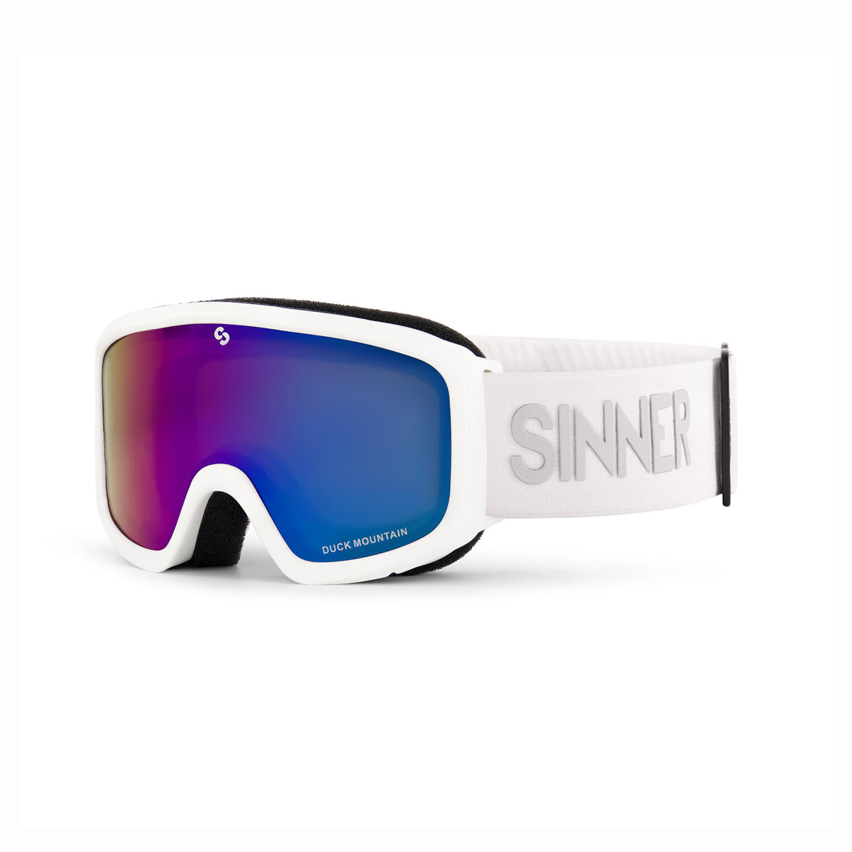 White kids ski goggles with blue lens and 'Sinner' branding on a white background