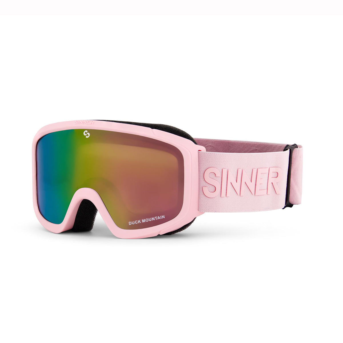Pink girls ski goggles with colourful lens on a white background