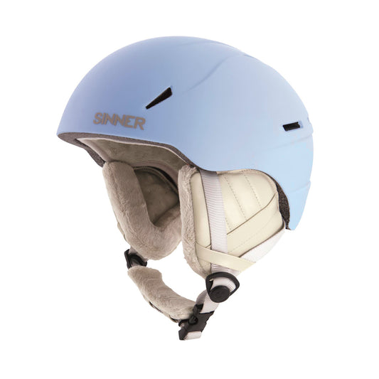 Light blue kids ski helmet with beige interior and black straps on a white background