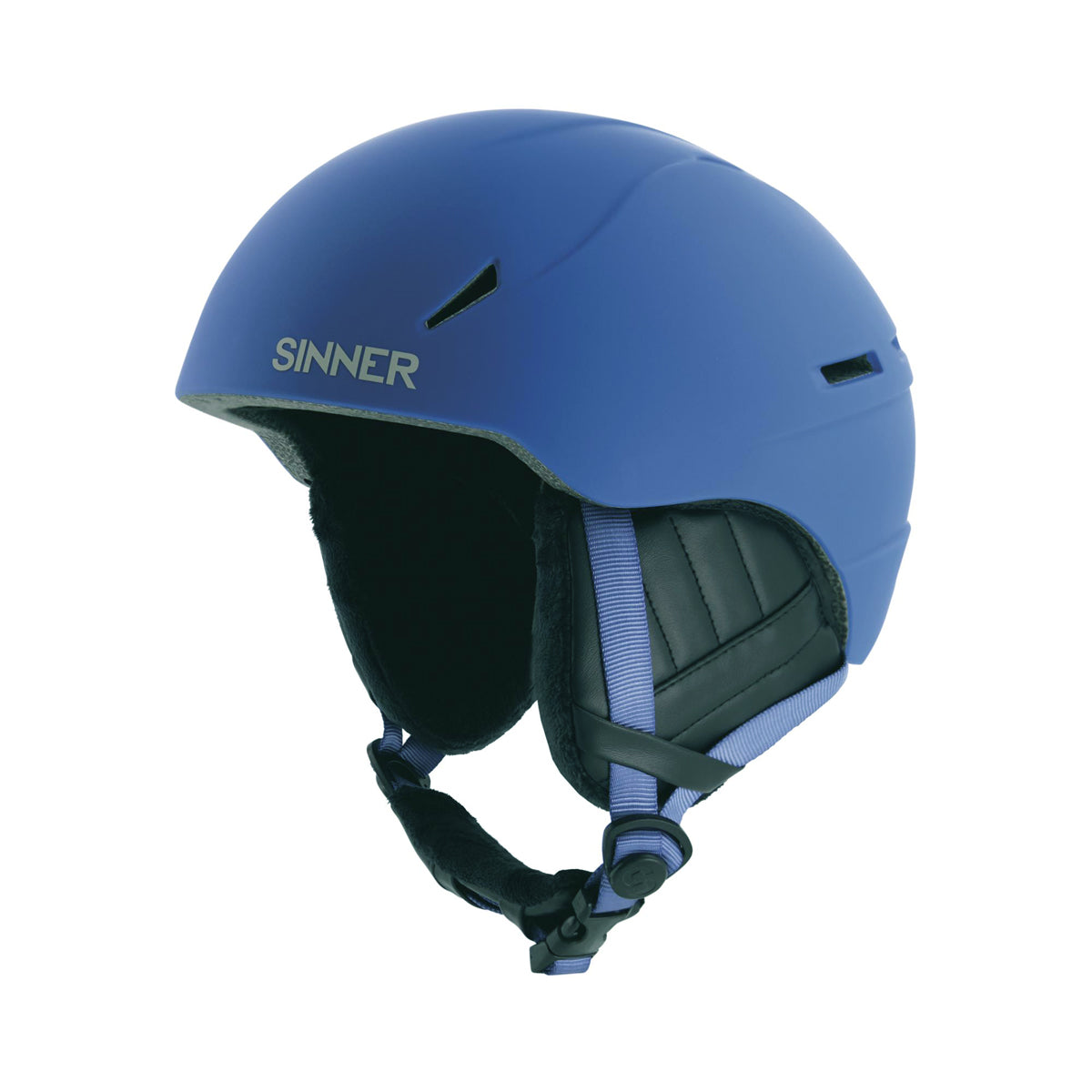 Blue kids ski helmet with 'Sinner' branding on a white background
