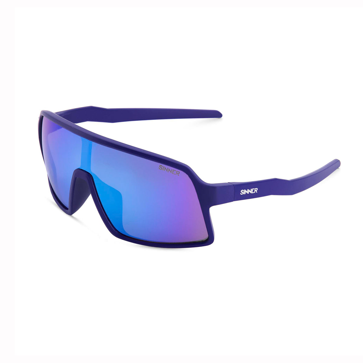 Blue sunglasses with a reflective lens on a white background