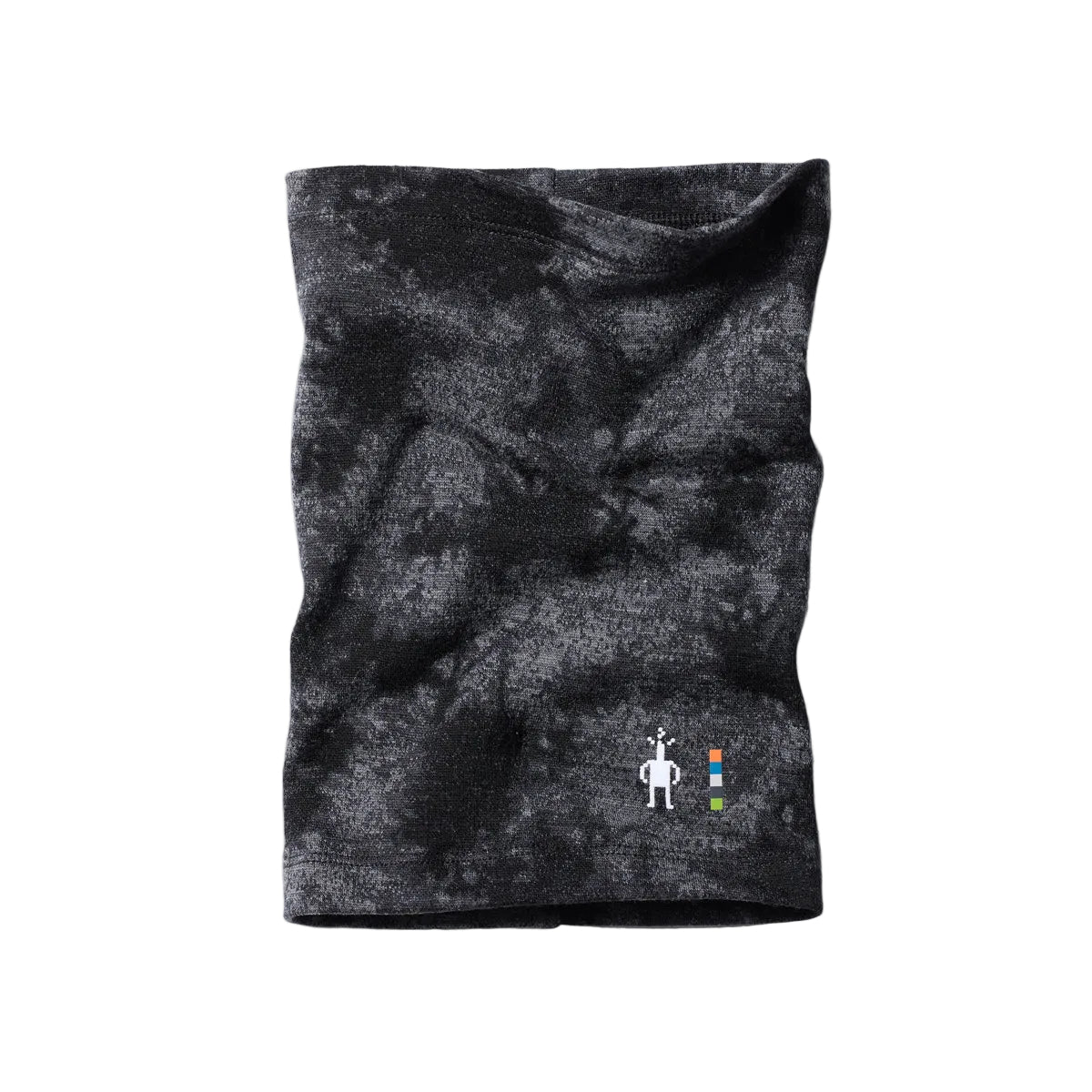 A dark gray and black tie-dye neck gaiter with a small white robot logo and colorful squares near the bottom right, displayed on a light gray background.
