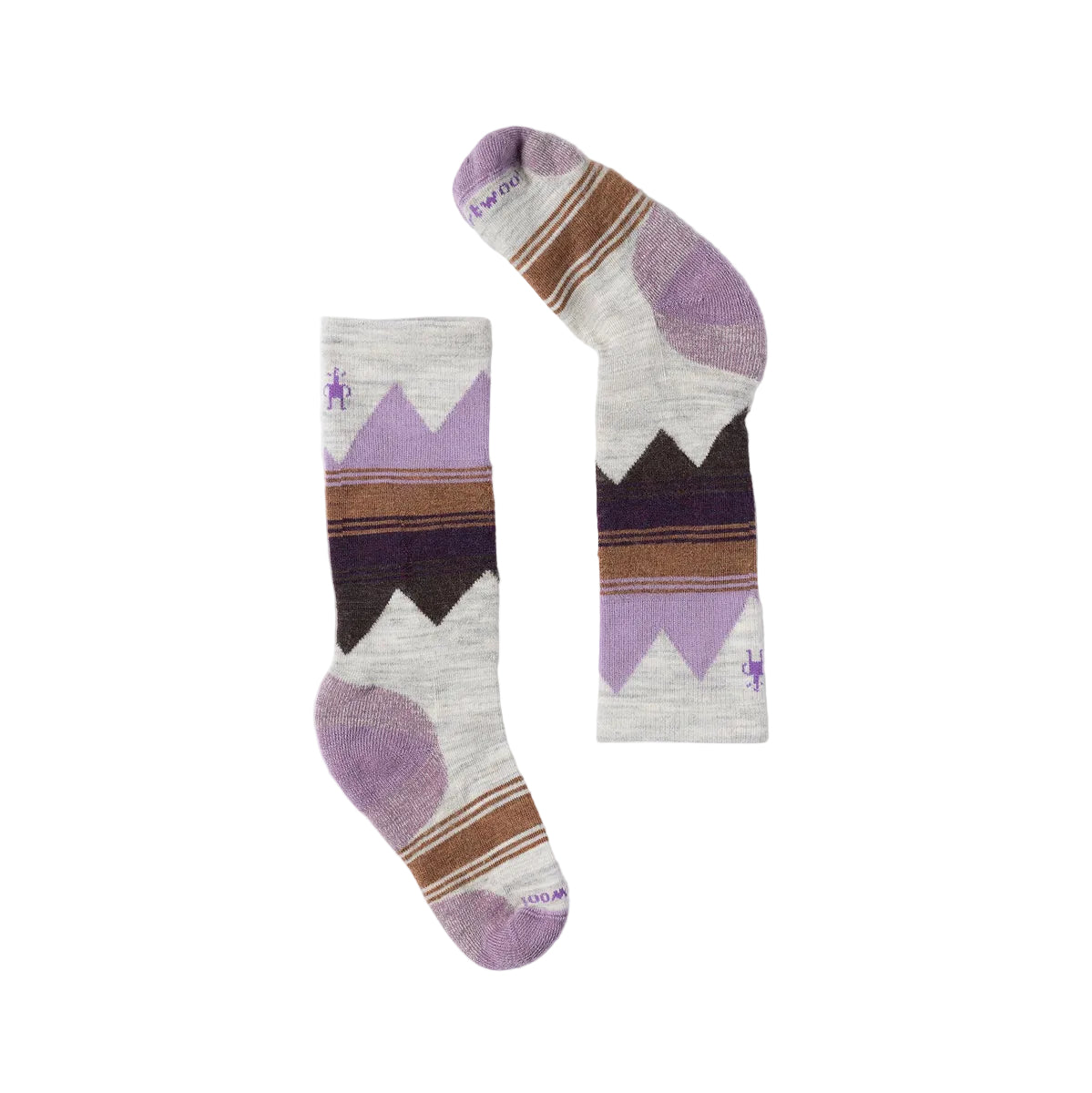 A pair of kids merino ski socks with a mountain pattern in purple, brown, and black on a light heather gray background, displayed on a light gray studio background.