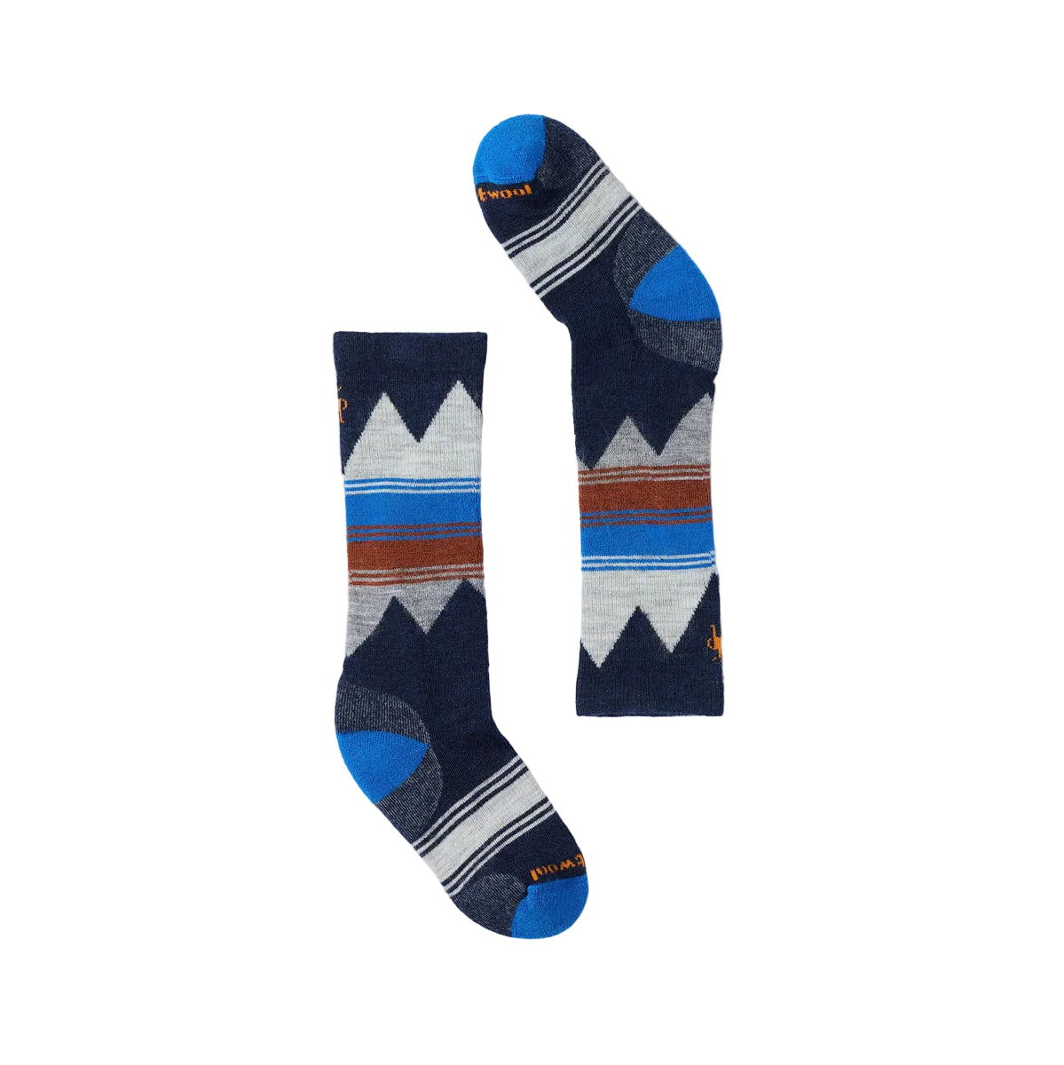 A pair of patterned crew socks displayed flat against a light gray background. The socks feature a mountain design in navy blue, heather gray, and bright blue, with horizontal stripes in brown and orange near the cuff.