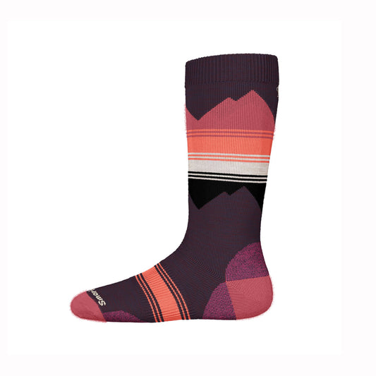 Colorful kids merino ski sock with mountain design on a white background