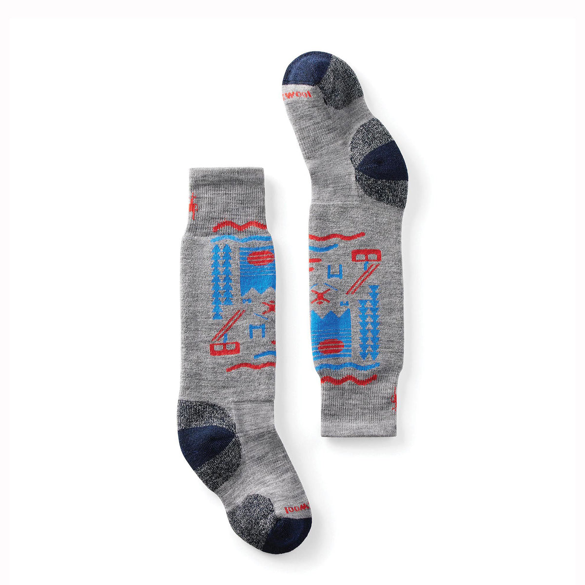 Gray socks with colorful patterns on a white background