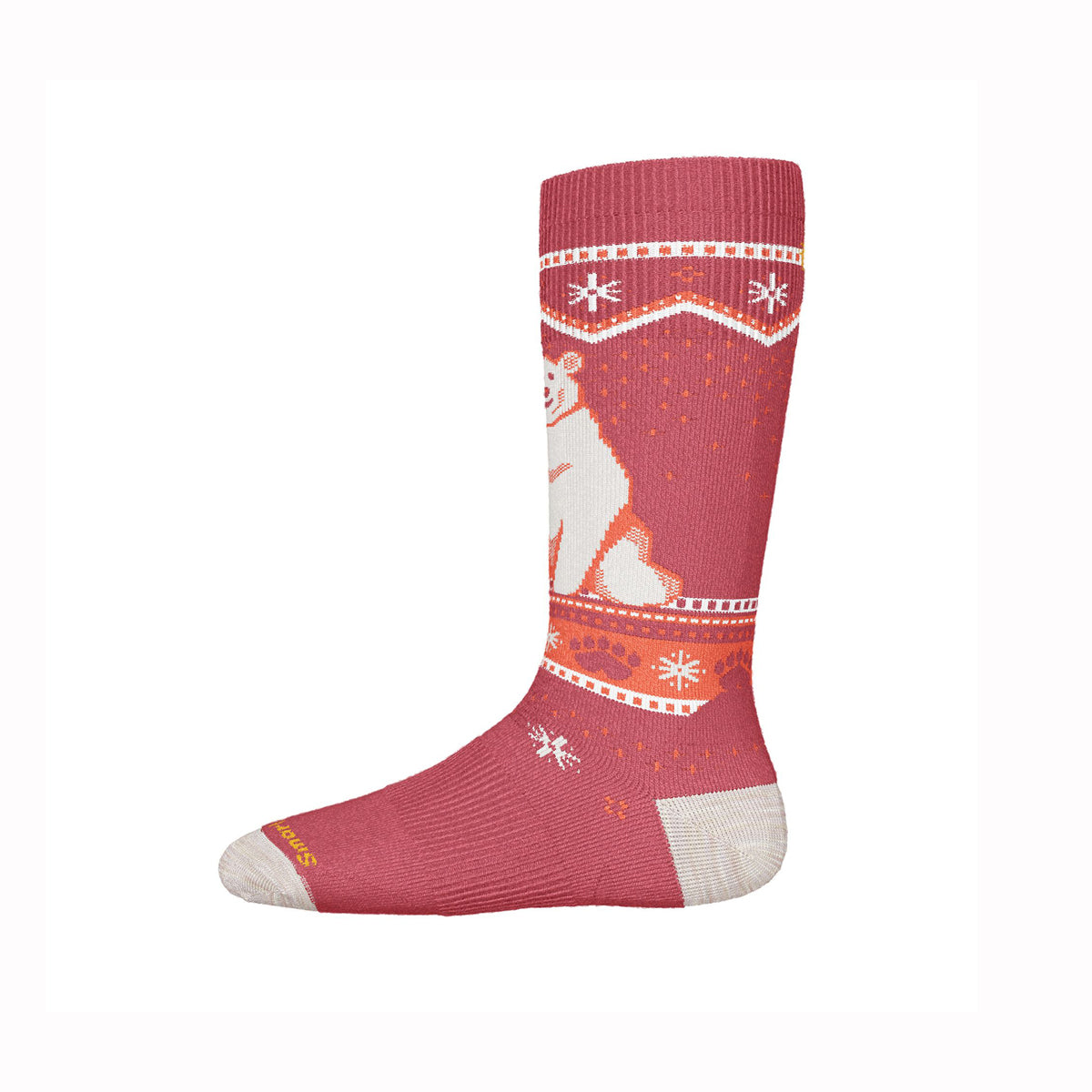 Pink ski sock with a polar bear design on a white background
