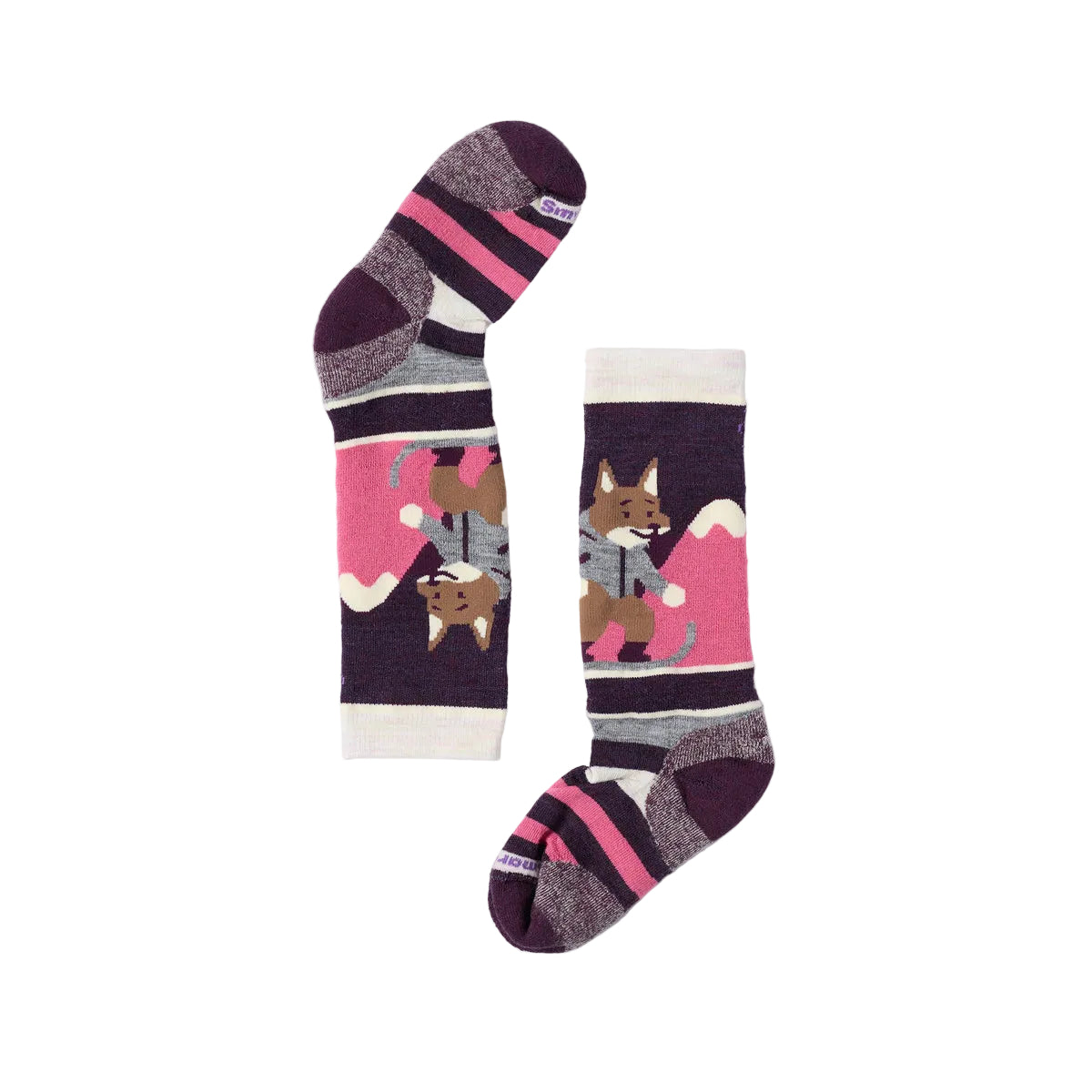 A pair of patterned girls ski socks displayed flat against a light gray background. The socks feature a dark purple base with pink and gray stripes, a cartoon dog graphic, and white ribbed cuffs.