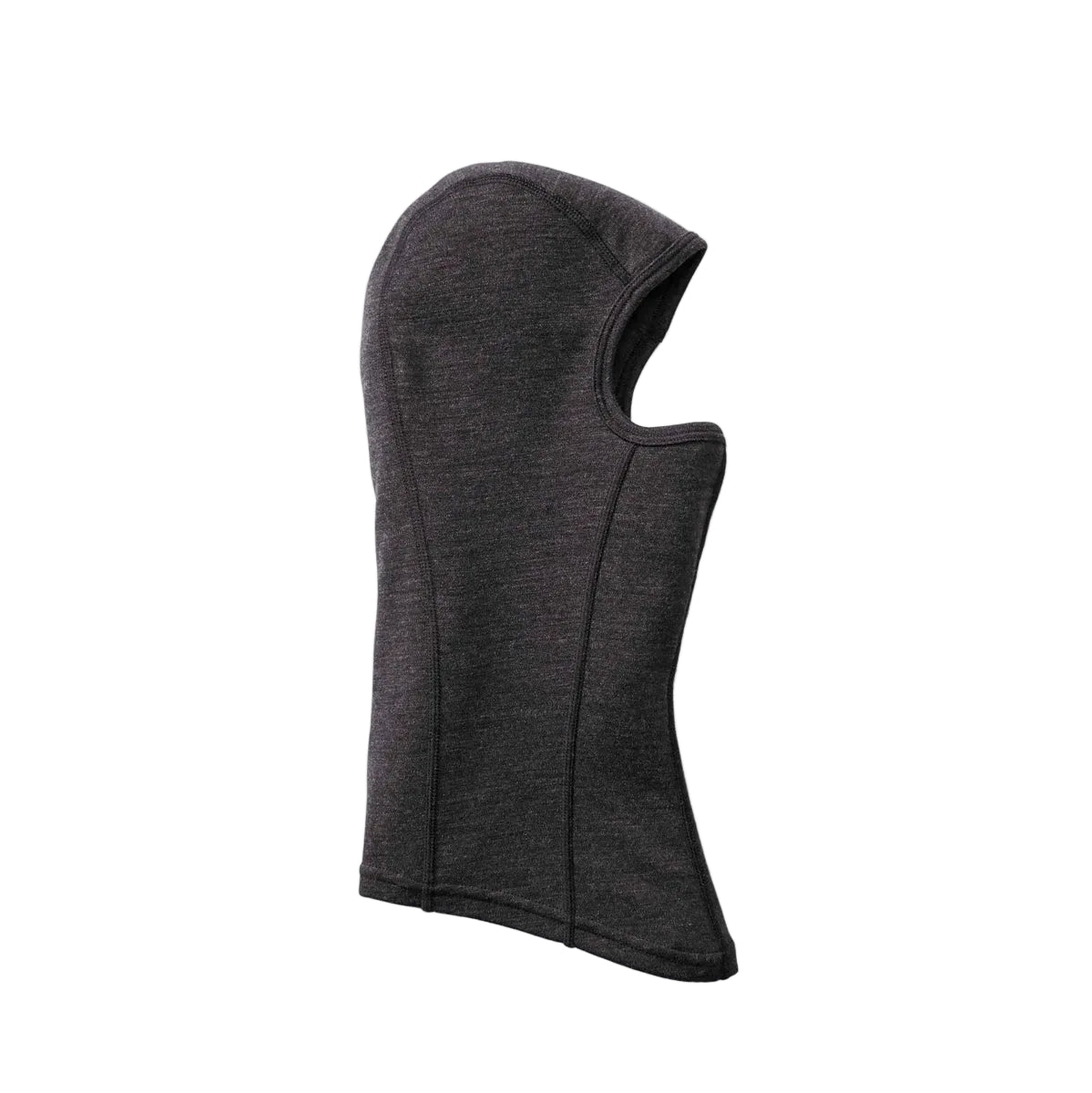 A dark gray heathered kids balaclava face mask with a hood, shown from a side profile view against a light gray background.