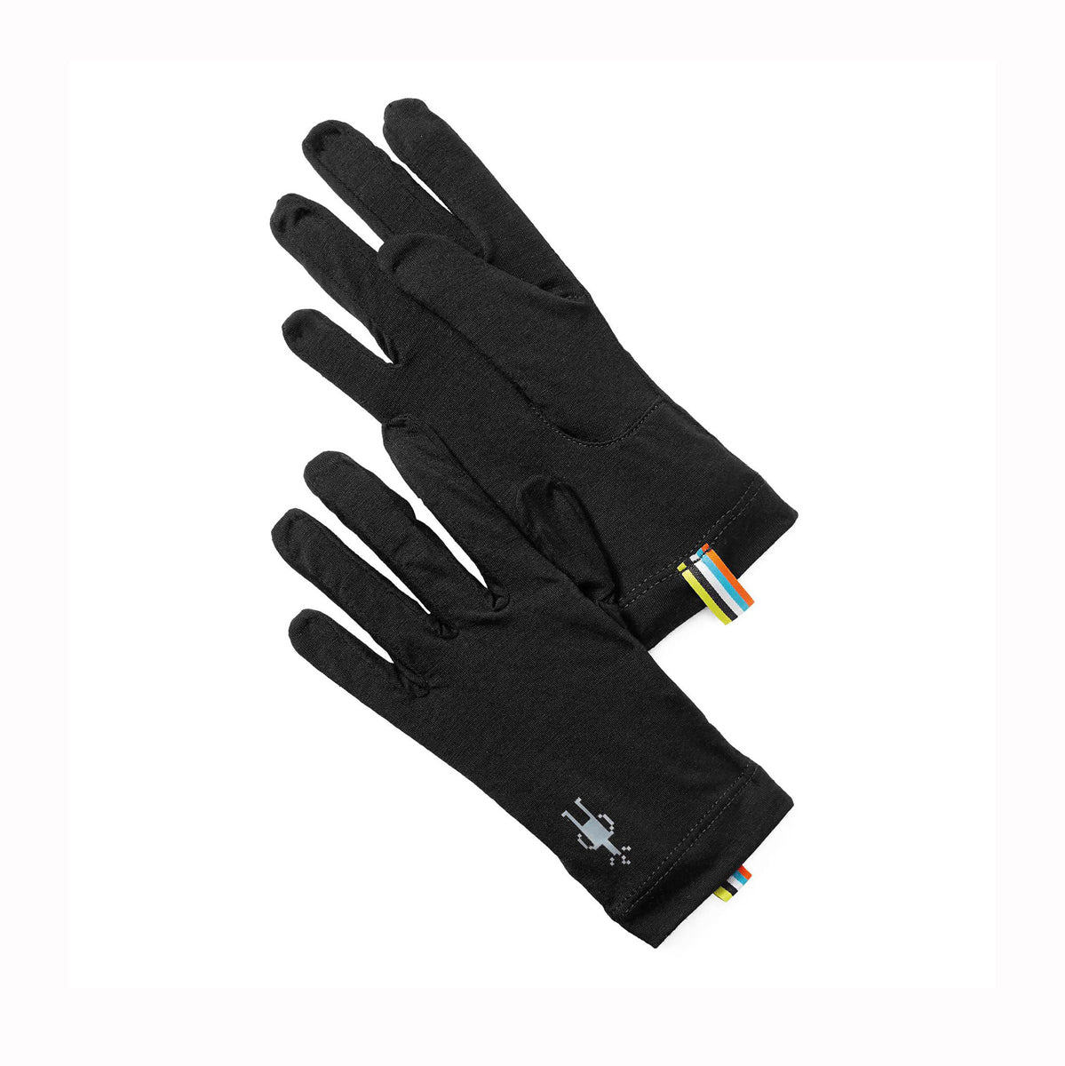 Pair of black gloves with a brand logo on a white background