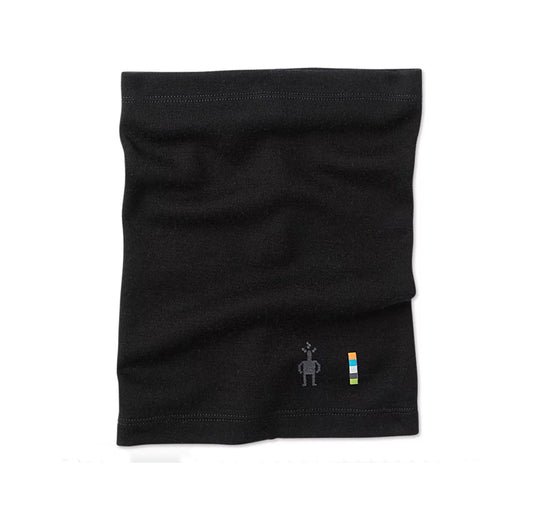 Kids black merino wool neck warmer with a small logo on the bottom right corner.