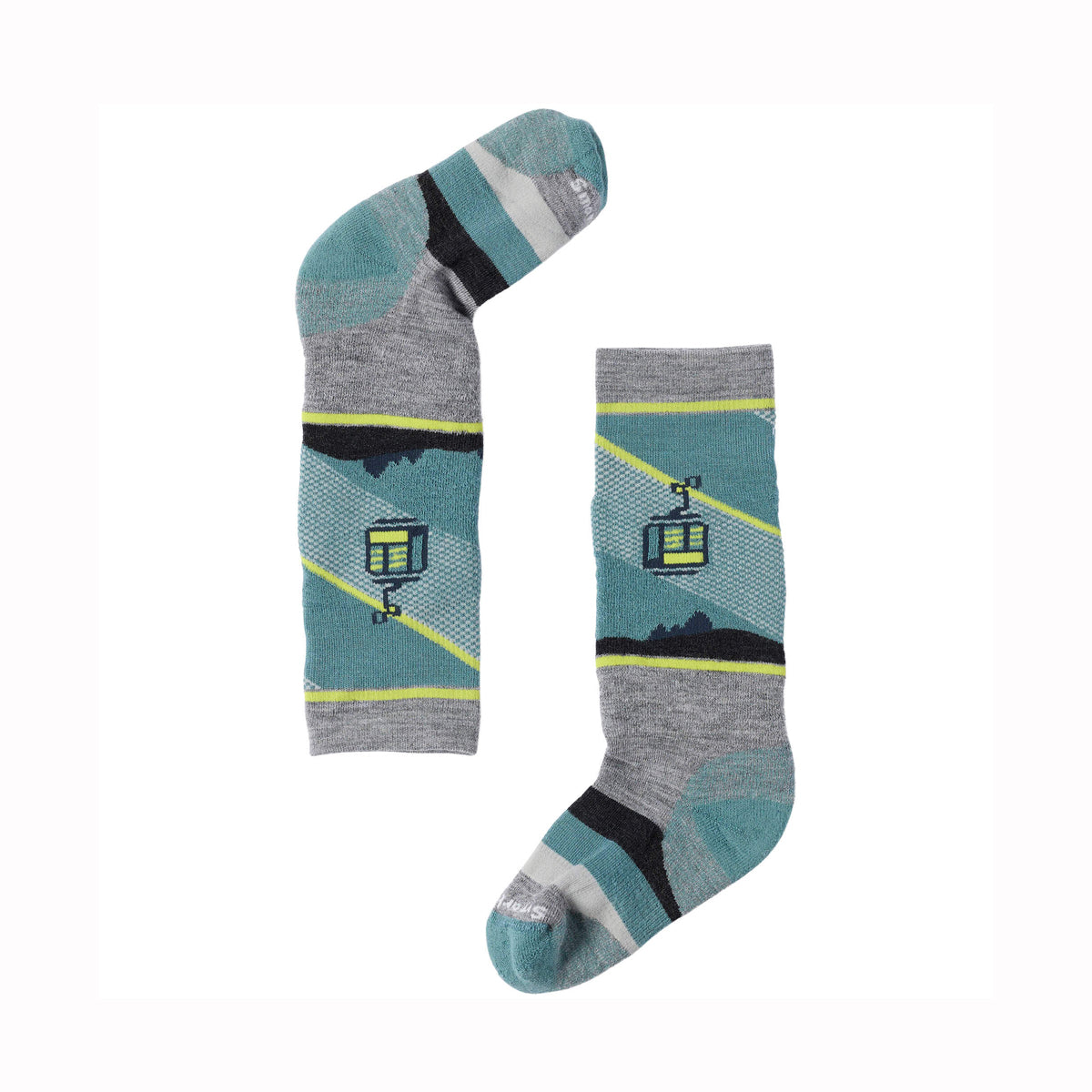 A pair of crew socks with a ski-themed pattern featuring teal, heather gray, black, lime green, and white stripes, along with a cable car graphic.