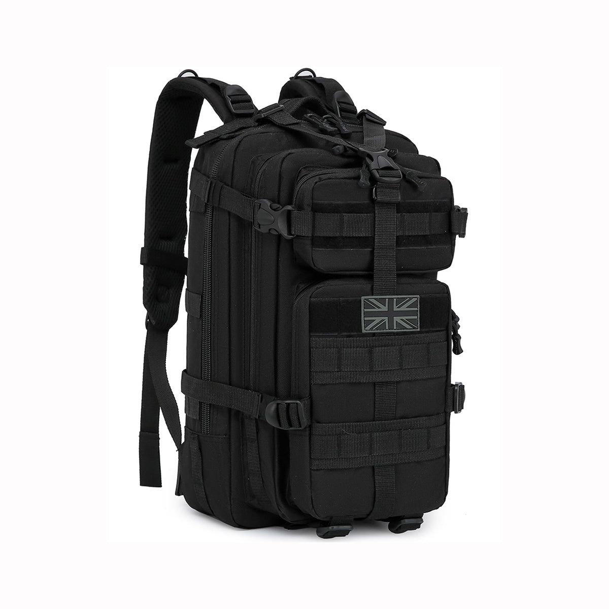 Black tactical backpack with a British flag patch on a white background