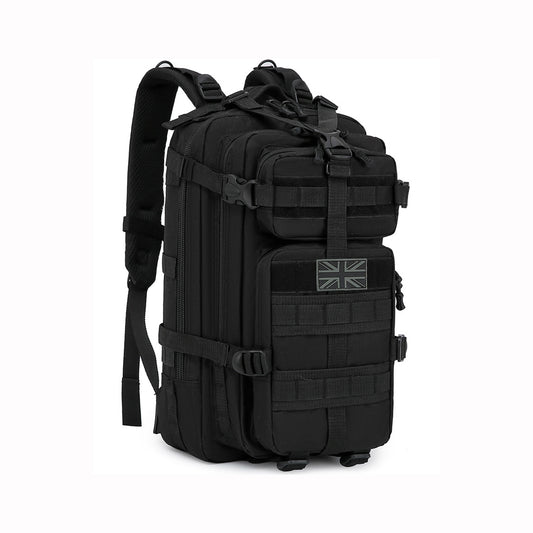 Black tactical backpack with a British flag patch on a white background