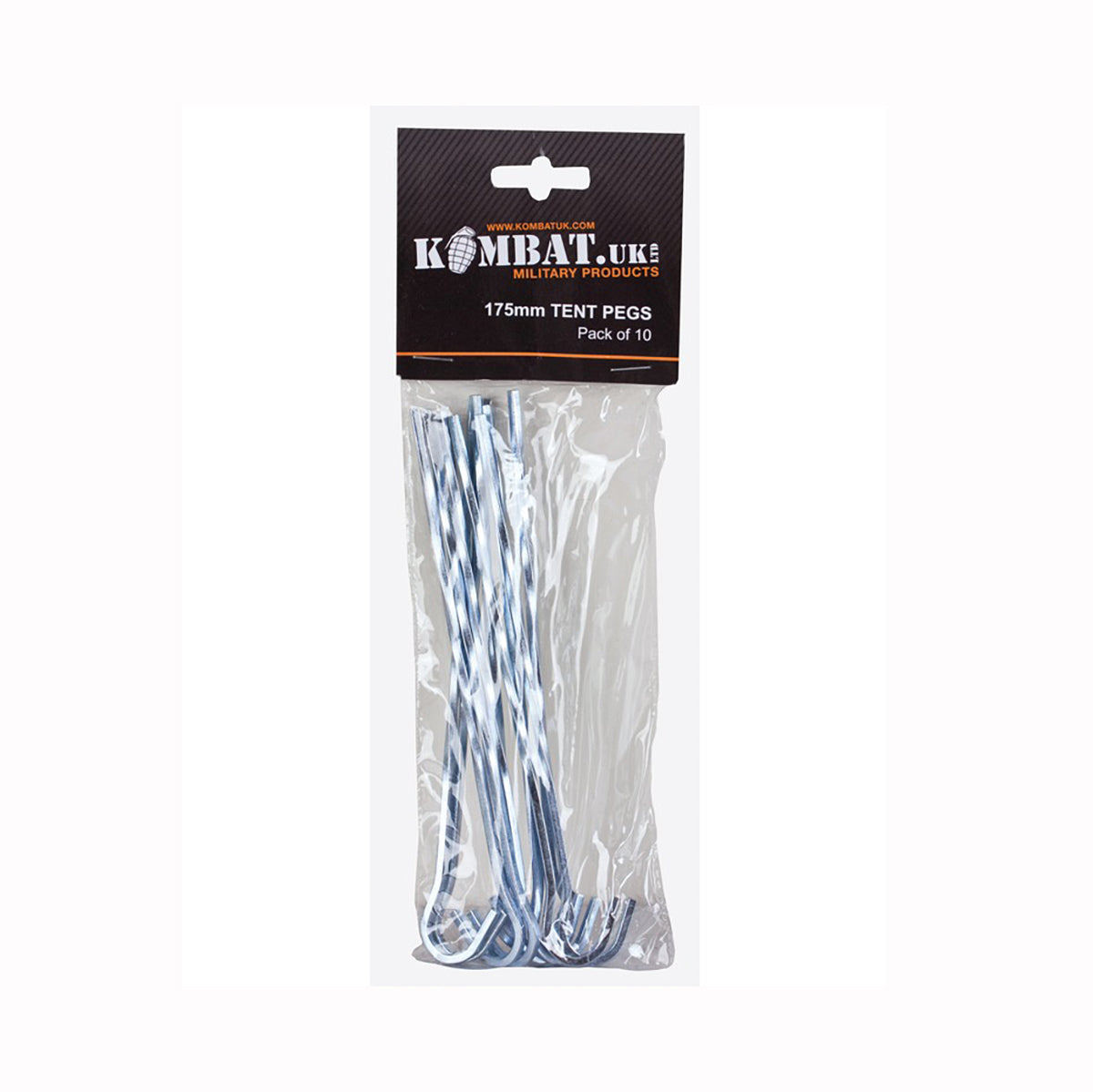 Pack of 10 tent pegs with Kombat UK branding on a white background