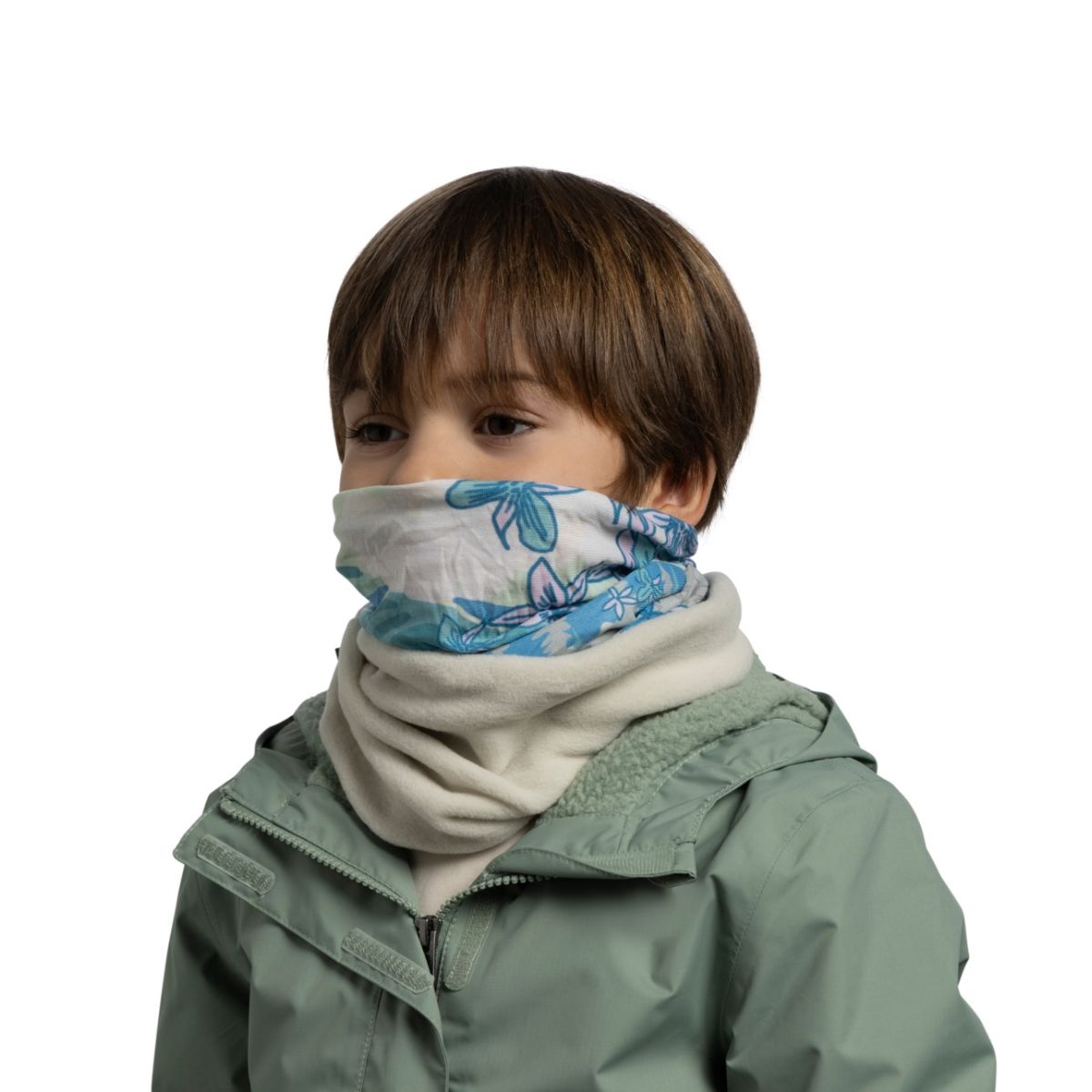 A child wearing a light gray fleece neck warmer with a blue and white butterfly pattern over the mouth and nose, paired with a sage green hooded jacket, against a solid white background.