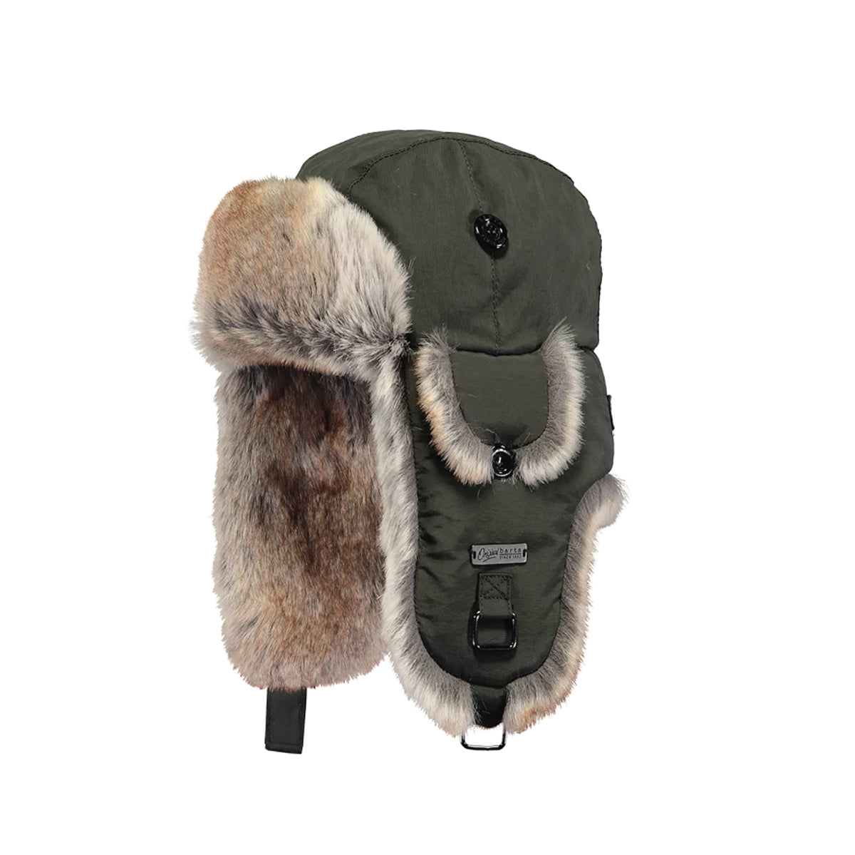 An olive green kids winter trapper hat with brown and beige faux fur ear flaps and collar trim, shown against a plain white background.