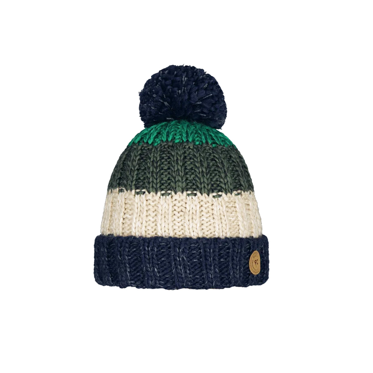 A striped knit pom-pom beanie hat featuring horizontal bands of navy blue, forest green, cream, and dark green, with a navy blue cuff and a small round wooden brand tag on the side.