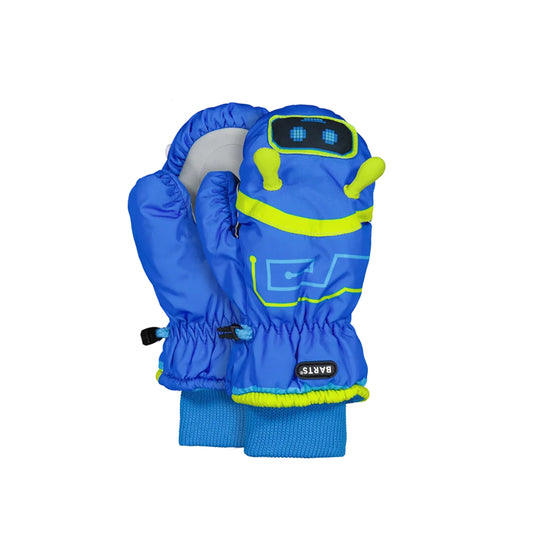 A pair of bright blue winter mittens for toddlers with a robot face design on the back of one mitten, featuring neon yellow-green accents and a visible BARTS brand label.