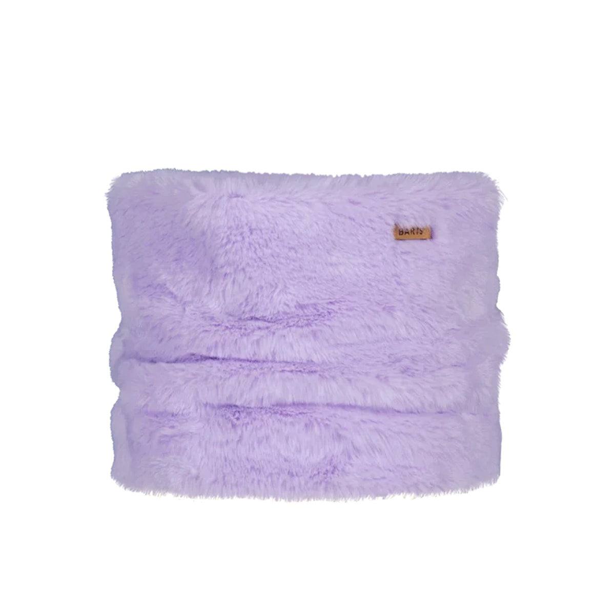A lavender purple faux fur neck warmer or balaclava with a small tan brand patch reading 'BARTS' on the right side, shown against a plain white background.