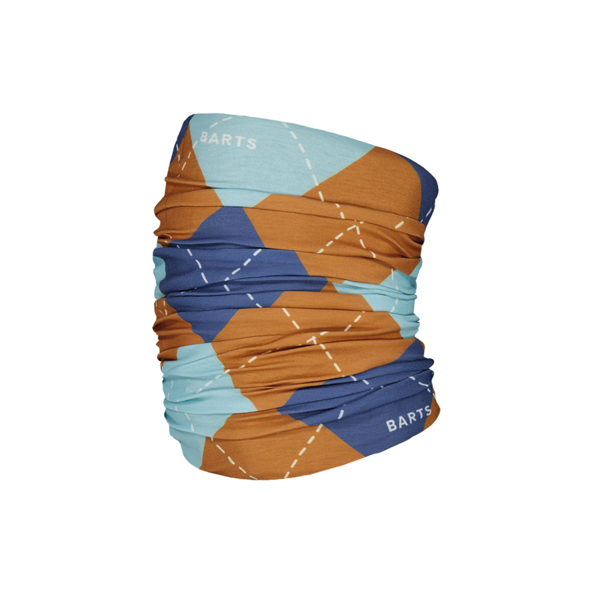 A tubular neck gaiter with a geometric argyle pattern in light blue, mustard brown, and navy blue, featuring white dashed lines and the brand name 'BARTS' printed in white.