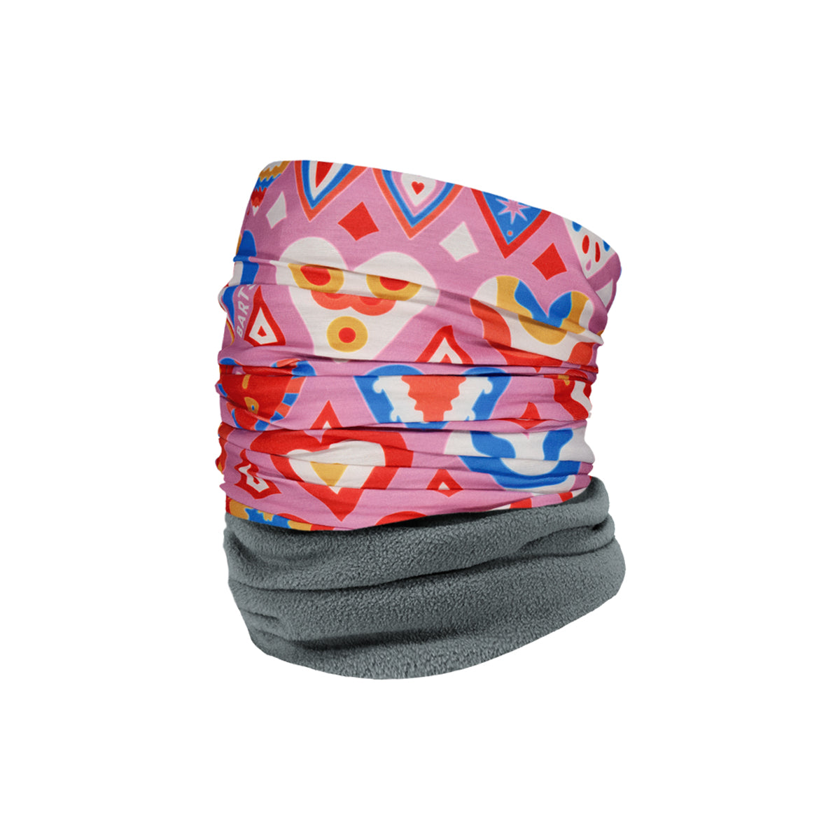 A two-piece neck gaiter set featuring a vibrant pink, red, blue, and yellow geometric patterned fabric on the top layer, and a soft gray fleece lining on the bottom layer, displayed on a clean white background.