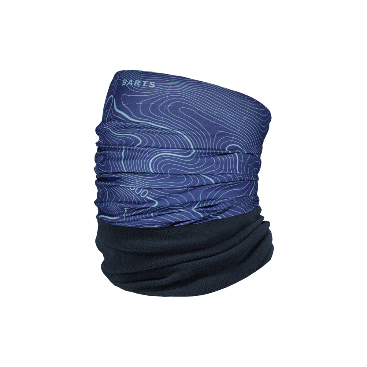 A BARTS brand neck gaiter or face mask featuring a blue and navy topographic contour line pattern on the upper half and a solid dark navy lower half, shown on a plain white background.