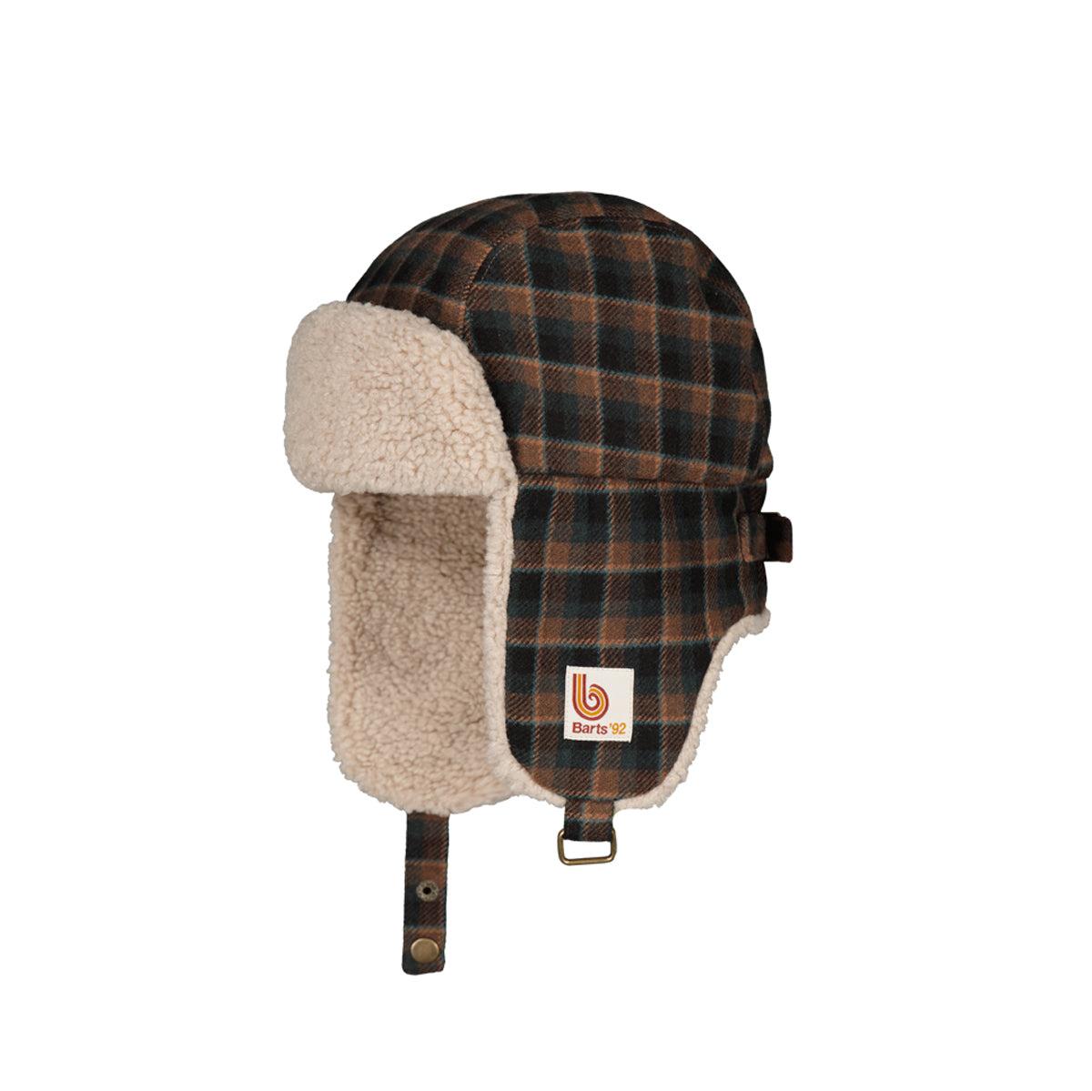 A winter trapper hat in a brown and black plaid pattern with a beige sherpa fleece lining, featuring ear flaps and a chin strap with a visible Berla 52 brand patch.