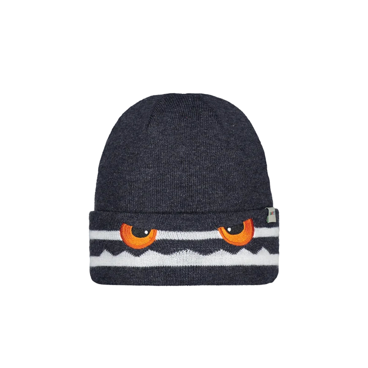 A dark charcoal knit beanie hat featuring a folded cuff with a printed or knitted eye design in orange, black, and white.