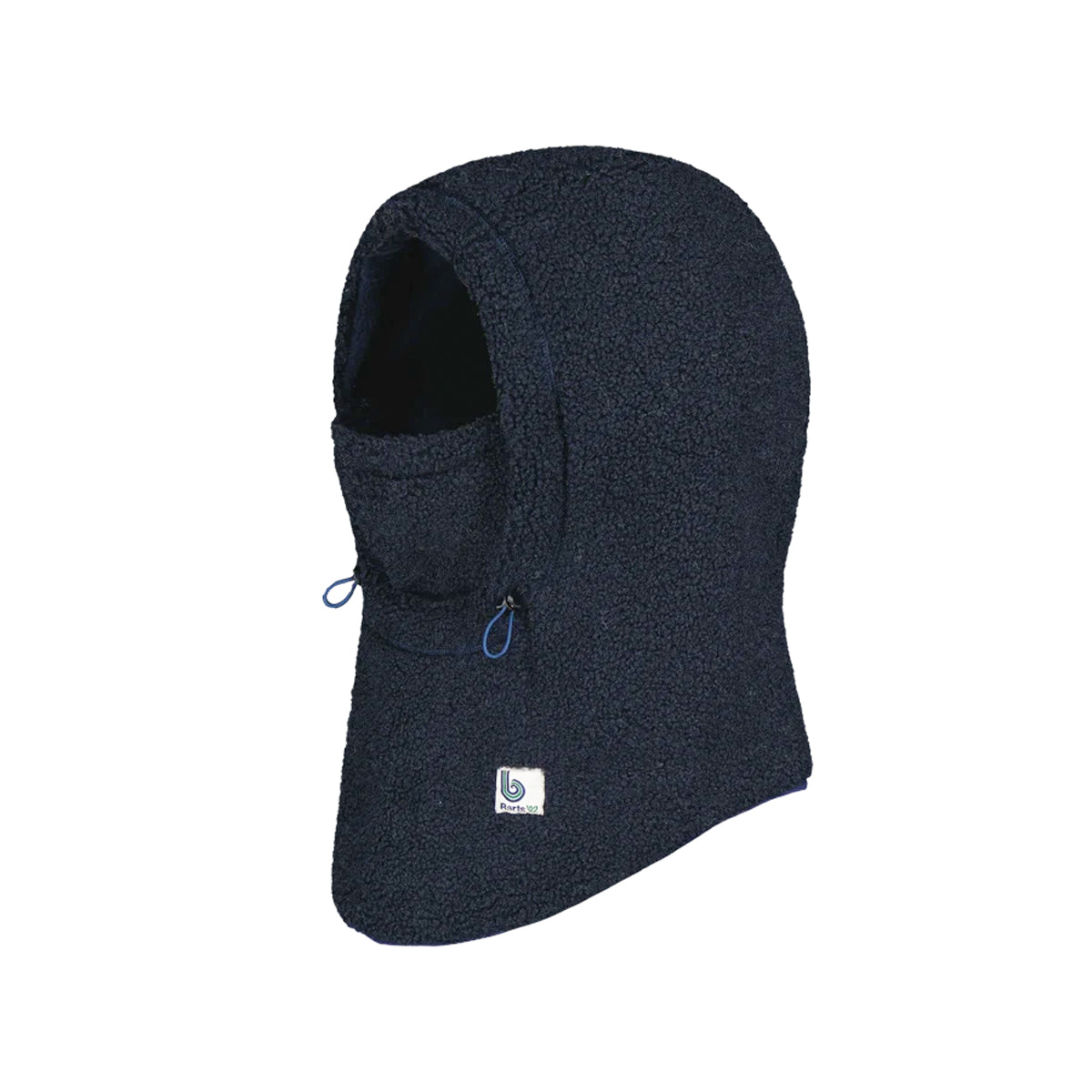 A dark navy fleece balaclava hood with a neck flap and a small white brand label near the bottom, shown on a plain white background.