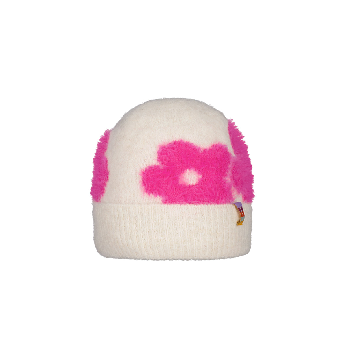 A cream-colored knit beanie hat featuring a large, fluffy hot pink flower applique on the side and a matching pink fluffy trim along the ear openings, with a small colorful brand tag on the brim.